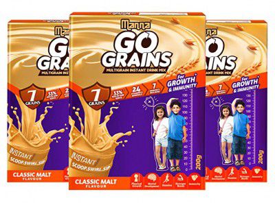 Manna Go Grains Malt | 600g (200g x 3 Packs) | Health and Nutrition Multigrain Malted Drink for Growth & Immunity