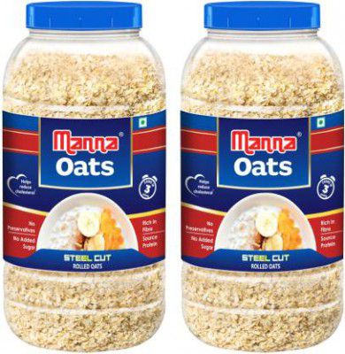 Manna Oats - 2kg (1kg x 2 Jars) | Gluten Free Steel Cut Rolled Oats | High in Fibre & Protein | 100% Natural | Helps Maintain Cholesterol. Good for Diabetics Plastic Bottle  (2 x 1 kg)