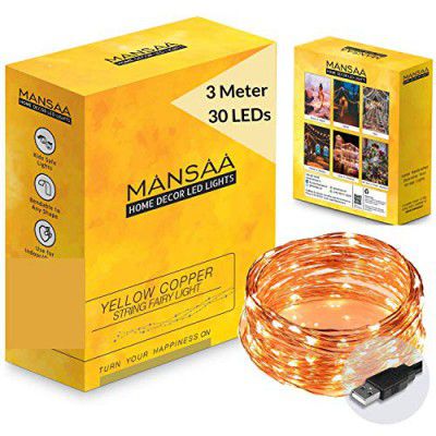 MANSAA Fairy Lights | 18 Months Warranty | 3 Meter, 30 LEDs | Lights for Home Decoration, Led Lights, String Lights for Home Decoration, String Light, USB Operated - M51 (Yellow, Pack of 1)