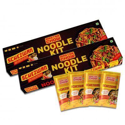 MasterChow Schezwan Noodle Kit - Pack of 2 | All-in-One Meal Kit - Chilli Garlic Stir Sauce with Hakka Noodles | Ready To Cook Easy Meals | Street Style Chowmein | All-Natural Ingredients | 10 Mins No