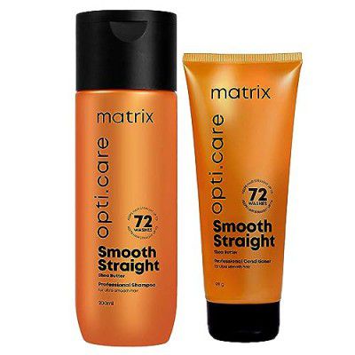 Matrix Opti.Care Professional Shampoo and Conditioner Combo for Salon Smooth Straight Hair | Control Frizzy Hair for up to 4 Days | With Shea Butter | No Added Parabens (200 ml + 98 g)