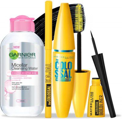 MAYBELLINE NEW YORK Call me colossal Kit-Mascara+ Kajal+ Bold Liner+ Garnier Micellar (Black, 205 g)