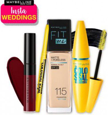 MAYBELLINE NEW YORK InstaWeddings Combo(FitMe Foundation 115+Colossal Waterproof Mascara+Colossal Kajal+Sensational Liquid Matte,Soft Wine (161g)  (4 Items in the set)