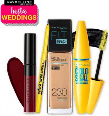 MAYBELLINE NEW YORK InstaWeddings Combo(FitMe Foundation 230 +Colossal Waterproof Mascara+Colossal Kajal+Sensational Liquid Matte,Soft Wine(161g)  (4 Items in the set)