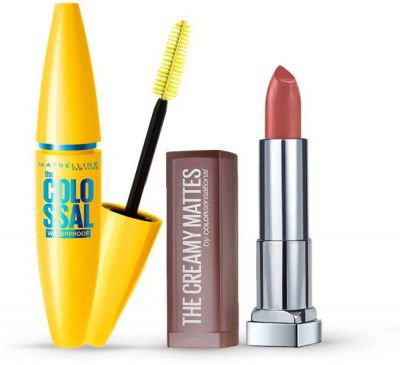 MAYBELLINE NEW YORK Volume Express Colossal Mascara Waterproof With Creamy Matte Lipstick, Nude Nuance, 13.9g (2 Items in the set)