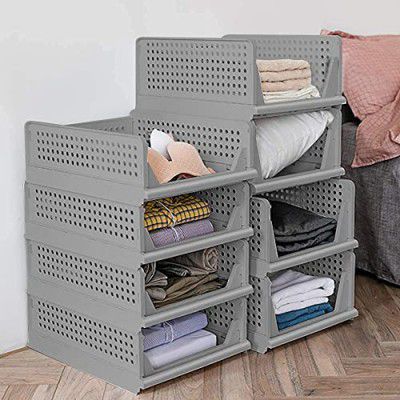 mechdel Stackable Collapsible Wardrobe Storage Box, Plastic Drawer Organizer, Foldable Clothes Shelf Baskets, Folding Containers Bins Cubes, Perfect for Kitchen, Office (2PCS-Large, Grey)