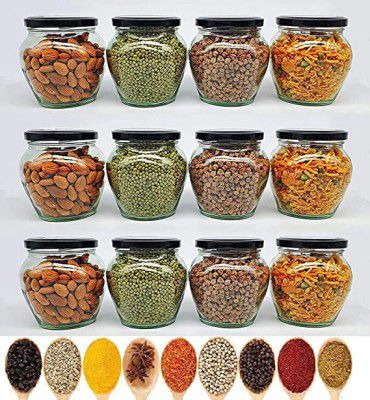 MEELANA Airtight Glass Jars and Container For Kitchen Items and Accessories 400 ml Mataki Glass Jar with Metal Lid For Ghee Pickle Dryfruits Tea Coffee Sugar (Black-12)