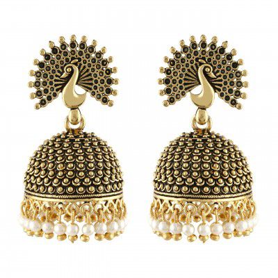 MEENAZ Traditional Wedding Temple Jewellery 22kt Gold oxidised Meenakari Ethnic Antique South Indian Round Pearl Feather Peacock Jhumka Earrings set For Women - M572