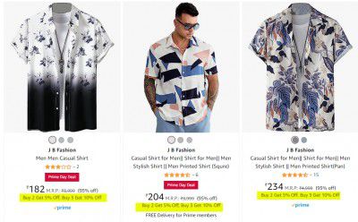 Men's Casual Priinted Shirt @ ₹182 + Buy 3 Get Extra 10% Discount