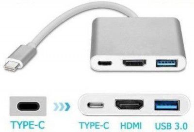 microware Type C USB 3.1 To USB-C 4K HDMI USB 3.0 Adapter Cable 3 In 1 Hub USB Adapter 3 in 1 Type C adapter Laptop Accessory  (Silver)