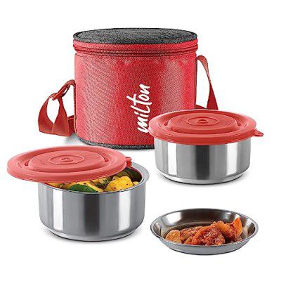 MILTON Ambition 2 Stainless Steel Tiffin, 2 Containers, 300 ml Each with Jacket, Red | Light Weight | Easy to Carry | Leak Proof | Food Grade | Odour Proof