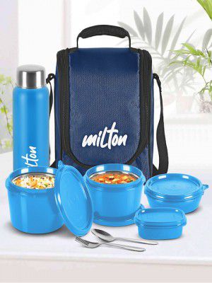 Milton Blue Set Of 4 Inner Steel Pro Lunch Containers With Bottle & Cover 180 320 450 ML