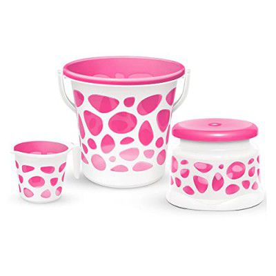 MILTON Plastic Duplex Spa 3 Piece Set, Pink | 20 Litres Bucket With Mug & Stool | Bathroom Accessory Set