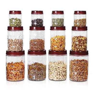 MILTON Hexa Plastic Pet Storage Jar, Set of 12 (4 pcs x 270 ml Each, 4 pcs x 665 ml Each, 4 pcs x 1.24 Ltrs Each), Transparent | Air Tight Container | Kitchen Organiser | BPA Free