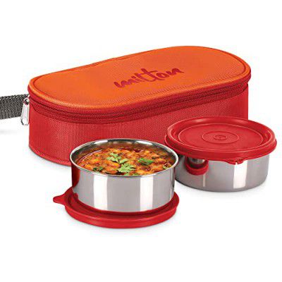 MILTON Hot Bite Stainless Steel Lunch Box, 2 Containers, 320 ml Each, Red | Leak Proof | Food Grade | Easy to Carry | Hot Food