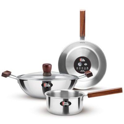 Milton Procook Triply Set 4 pcs Stainless Steel Sauce Pan 16cm, Fry Pan 22cm, Kadhai with Glass Lid 24 cm | 3 Years Warranty