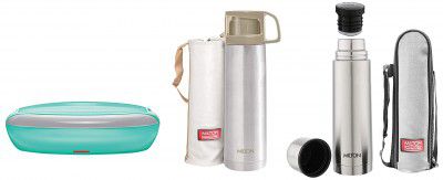 Milton Swiftron Stainless Steel 2 Aqua Green&Milton Glassy Flask 1000ml Vacuum Flasks 