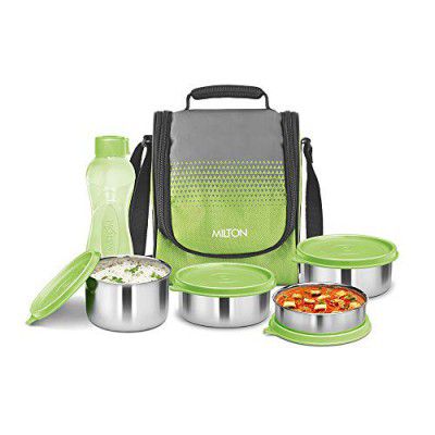 Milton Tasty 4 Stainless Steel Combo Lunch Box With 4 Containers, (1 - 200 ml, 2 - 320 ml Each, 1 - 500 ml) and 1 Bottle, 500 ml, Green | Leak proof | Easy to carry | Odour Proof | Food Grade | Light 