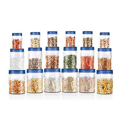 MILTON Vitro Plastic Pet Storage Jar and Container, Set of 18 (6 pcs x 230 ml Each, 6 pcs x 600 ml Each, 6 pcs x 1.18 ltrs Each), Blue