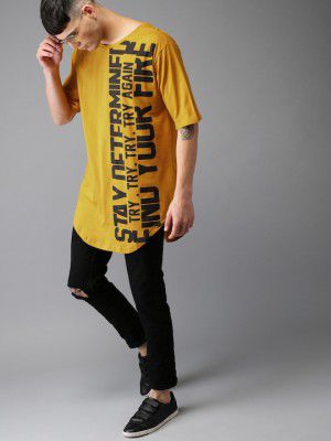 Moda RapidoMen Mustard Printed Round Neck Longline Pure Cotton T-shirt