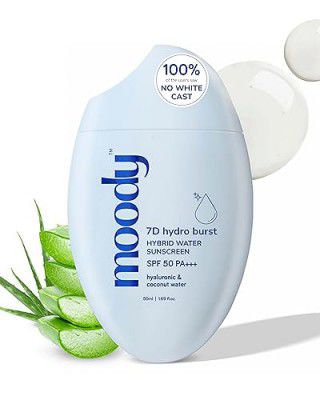 Moody Sunscreen With Hyaluronic & SPF 50 PA +++ UVA/B Broad Spectrum Protection Dewy Skin | No White Cast with 7D Hydro Burst | Sweat proof | Men & Women | Paraben Free | 50 ml