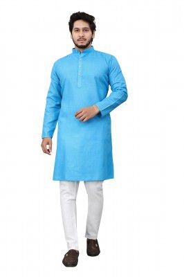 More & More Men's Cotton Blend Straight Kurta Sky Blue