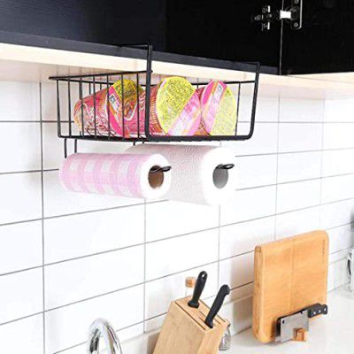 Moreyaji Multifunctional Under Shelf Cabinet Storage Basket Organizer For Kitchen Pantry Bookshelf Desk Almirah Storage With Tissue Holder Kitchen & Bathroom Shower Caddy Organizer(Alloy Steel),Black