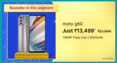 MOTOROLA G60 (128GB) @ ₹13,499 on Flipkart Big Billion Days Sale