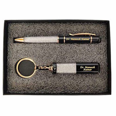 MOXTER Personalized Name Engraved Metal Ball Pen&Key Chin Gift Set For Gifting With Box,Name Printed On Body Pack Of 1,Blue