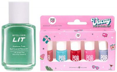 MyGlamm LIT Nail Enamel Remover-30ml & Popxo Mini Nail Kit - Vacay-Bloody Mary, Perfect Peach, Beach Please, Pink - Nic, Sea Ya -15ml