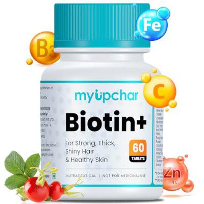 myUpchar ayurveda Biotin+ for Hair Growth | Supplement For Strong & Thick Hair | With Vitamin C, Green tea, Rosehip Extracts, Nicotinamide, Iron & Zinc -60 Veg Tablets