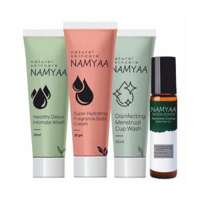 Namyaa Intimate Travel Hygiene Kit | Combo Pack of Intimate Wash, Menstrual Cup Wash, Super Hydrating Fragrance Body Cream & Period Cramp Roll On | Perfect for Period Pain & Hygiene | 100g