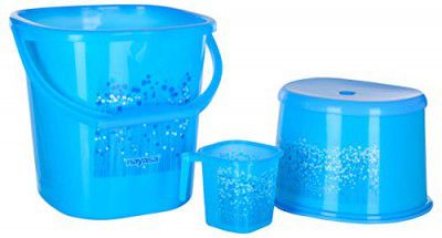 Nayasa Funk Bathroom Set 3 Pieces- Bucket (18 litres), Mug (1.5 Liters) and 1 Stool, Blue | Bathroom Accessory Set(Plastic)