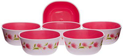 Nayasa Plastic Microwave Square Bowl DLX Set, Set of 6, Pink, 200 Milliliter