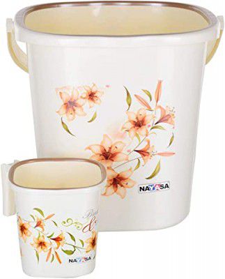 Nayasa Plastic Square Deluxe Bathroom Bucket 25 LTR & Mug 1.5 LTR Set (Cream)