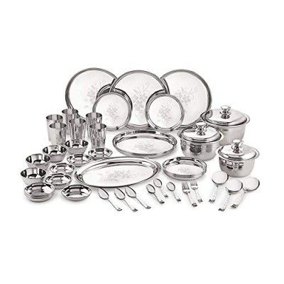 Neelam Stainless Steel 24 Gauge Leaser Etching Dinner Set, 61 pcs, Silver