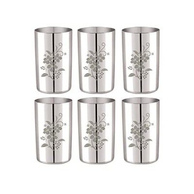 Neelam Stainless Steel 7 22G Lazer Etching Amrapali Glass, 400 ml, Silver, Set of 6