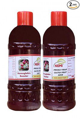 NEMI Prickly Pear Cactus Fruit Juice with Added sugar Uses women men children old age Hemoglobin Booster HB+ Support Immunity boost Red Colour r pack of 2 (1 li + 1li )