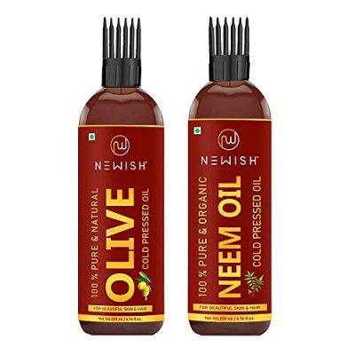 Newish® Cold Pressed Organic Neem Oil for Skin & Hair & Pure Cold Pressed Olive Oil For Hair and Skin,200ml Each