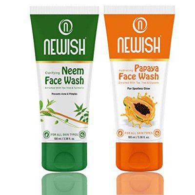 Newish Combo Pack of Clarifying Neem & Hydrating Papaya Face Wash Enriched With Aloevera, Turmeric & Vitamin E, For Prevents Acne & Pimples, 100ml Each