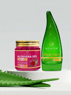 NEWISH Set of 2 Aloe Vera Gel With Rose Extract & Natural Aloe Vera Gel For Skin & Hair