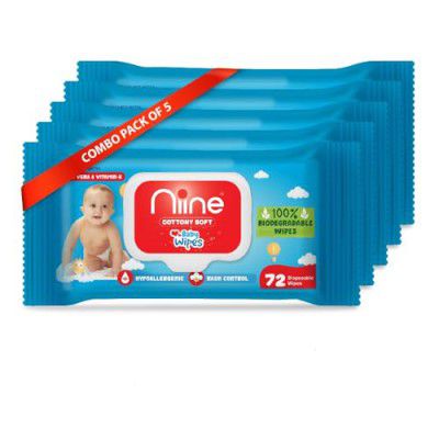 Niine Cottony Soft Biodegradable Baby Wipes with LID, Enriched Goodness of Aloe Vera and Vitamin E, 72 Wipes/Pack (Pack of 5)