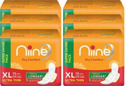 niine Dry Comfort Ultra Thin Sanitary Pads for women (Pack of 6), 90 Pads Count (Super Saver Pack) Sanitary Pad  (Pack of 6)