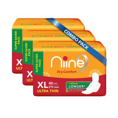 Niine Dry Comfort Ultra Thin XL Sanitary Pads for women (Pack of 3) 120 Pads with Fluid Lock Gel Technology