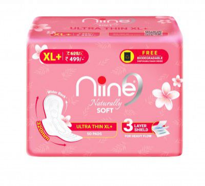 NIINE Naturally Soft Ultra Thin XL+ Sanitary Napkins for Heavy Flow (Pack of 1) 50 Pads with Free Biodegradable Disposal Bags