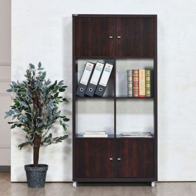 Nilkamal Joss Engineered Wood Book Case | Book Shelf with 4 Open Shelf and 4 Cabinet (Finish: Walnut)