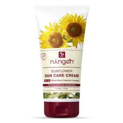 Ningen Sunflower Sun Cream SPF 50 I Goodness of Wheat Germ, Liquorice and Geranium I No White Cast, Water Resistant, Broad Spectrum Protection I Irritation Free, Praben Free I 100g, Yellow