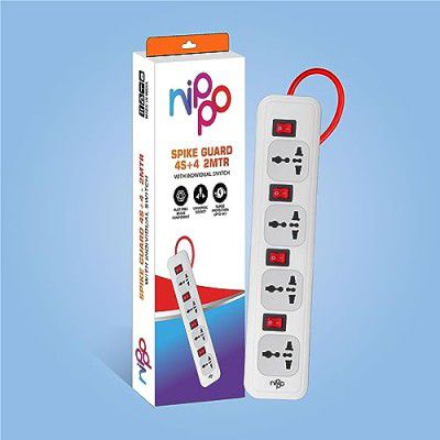 NIPPO 4KV Surge Protector I 4 Universal Socket with Individual switches I 2 Mtr Cord I 1 Year Warranty