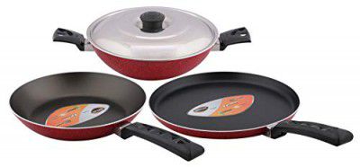 Nirlep by Bajaj Electricals, Aspa Gift Set, Non Stick Set of Flat Tawa, Fry Pan & Kadhai with Lid, Flat Tawa 26 Cm, Fry Pan 24 Cm & Kadhai 24 Cm, SAGS10