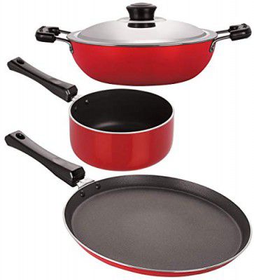 NIRLON 3PC Aluminium Non Stick COOKWARE Set Flat TAWA, DEEP KADAI with LID, Sauce PAN (RED &Black)